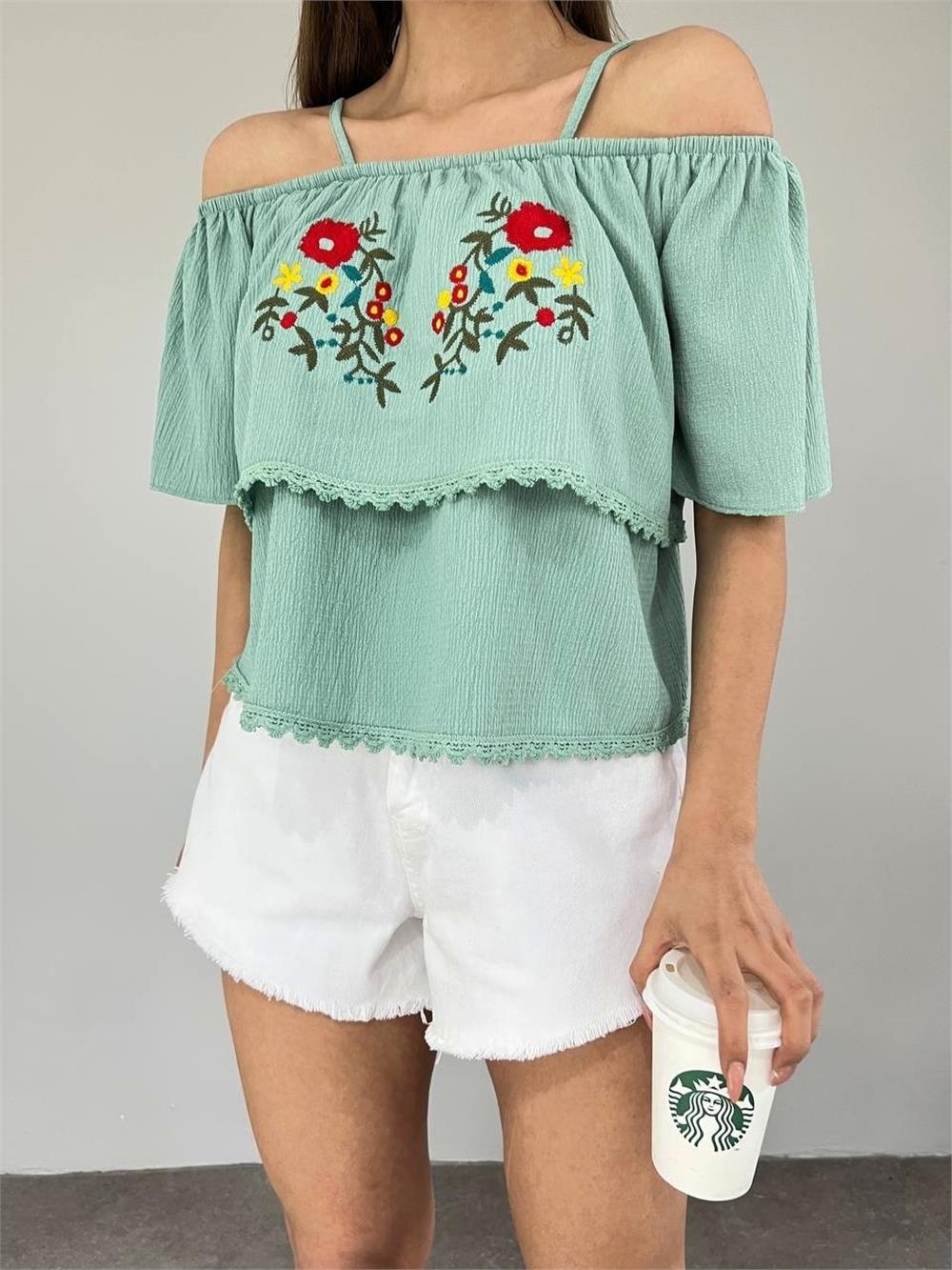 Rose Embroidered Laced String Strap T-Shirt -Mint-358-10363-R24