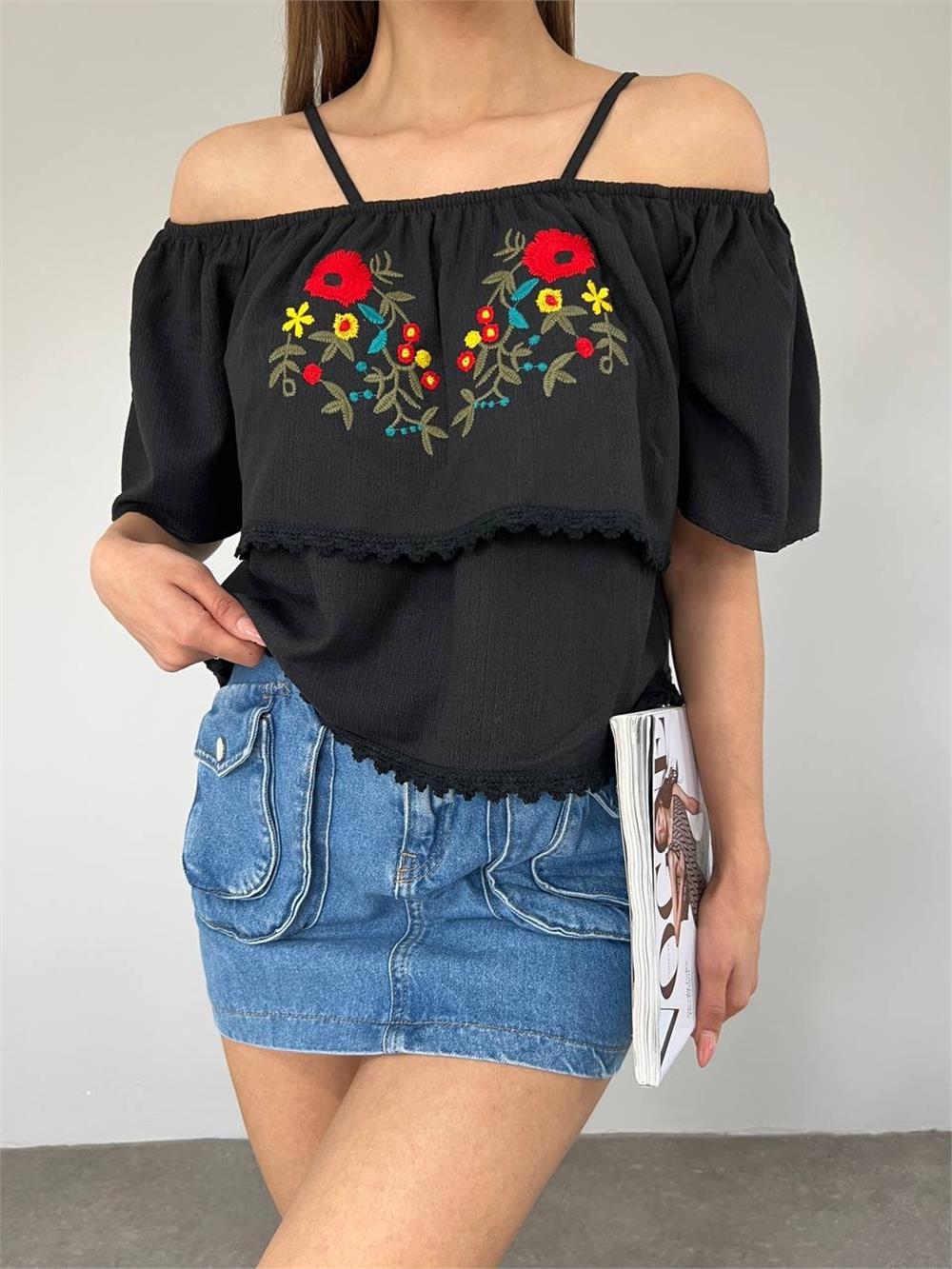 Rose Embroidered Laced String Strap T-Shirt -Black-358-10363-R01