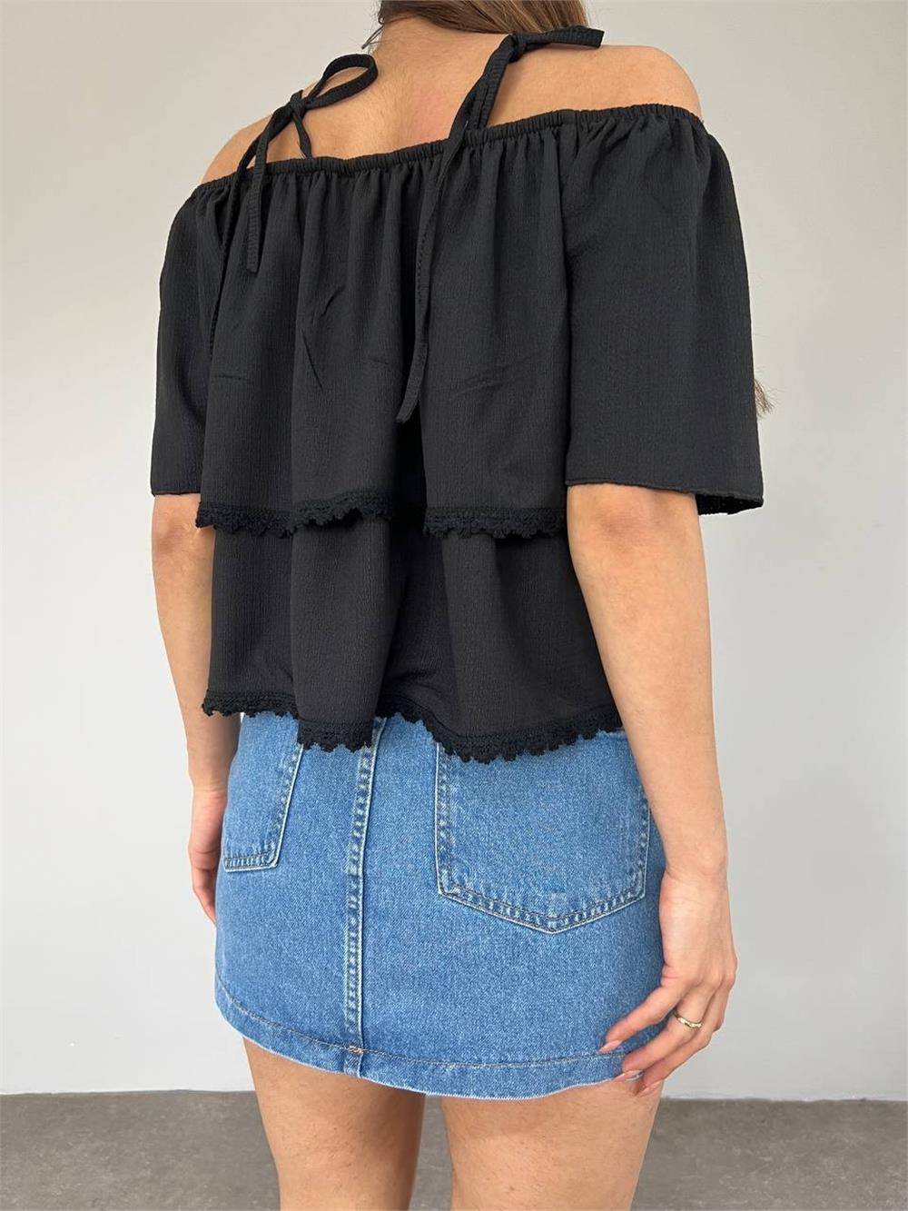 Rose Embroidered Laced String Strap T-Shirt -Black-358-10363-R01