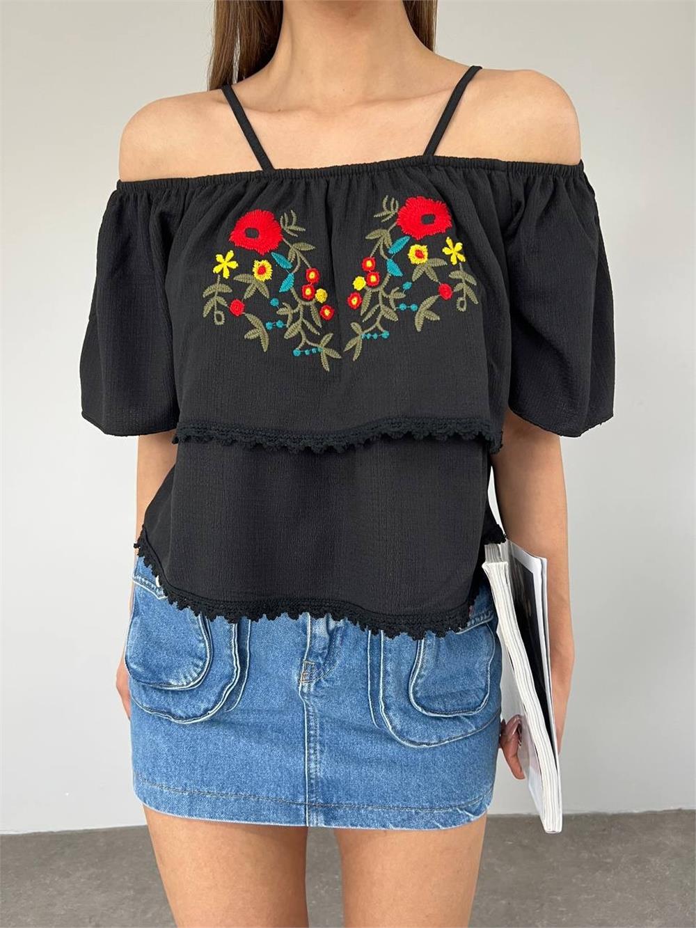 Rose Embroidered Laced String Strap T-Shirt -Black-358-10363-R01