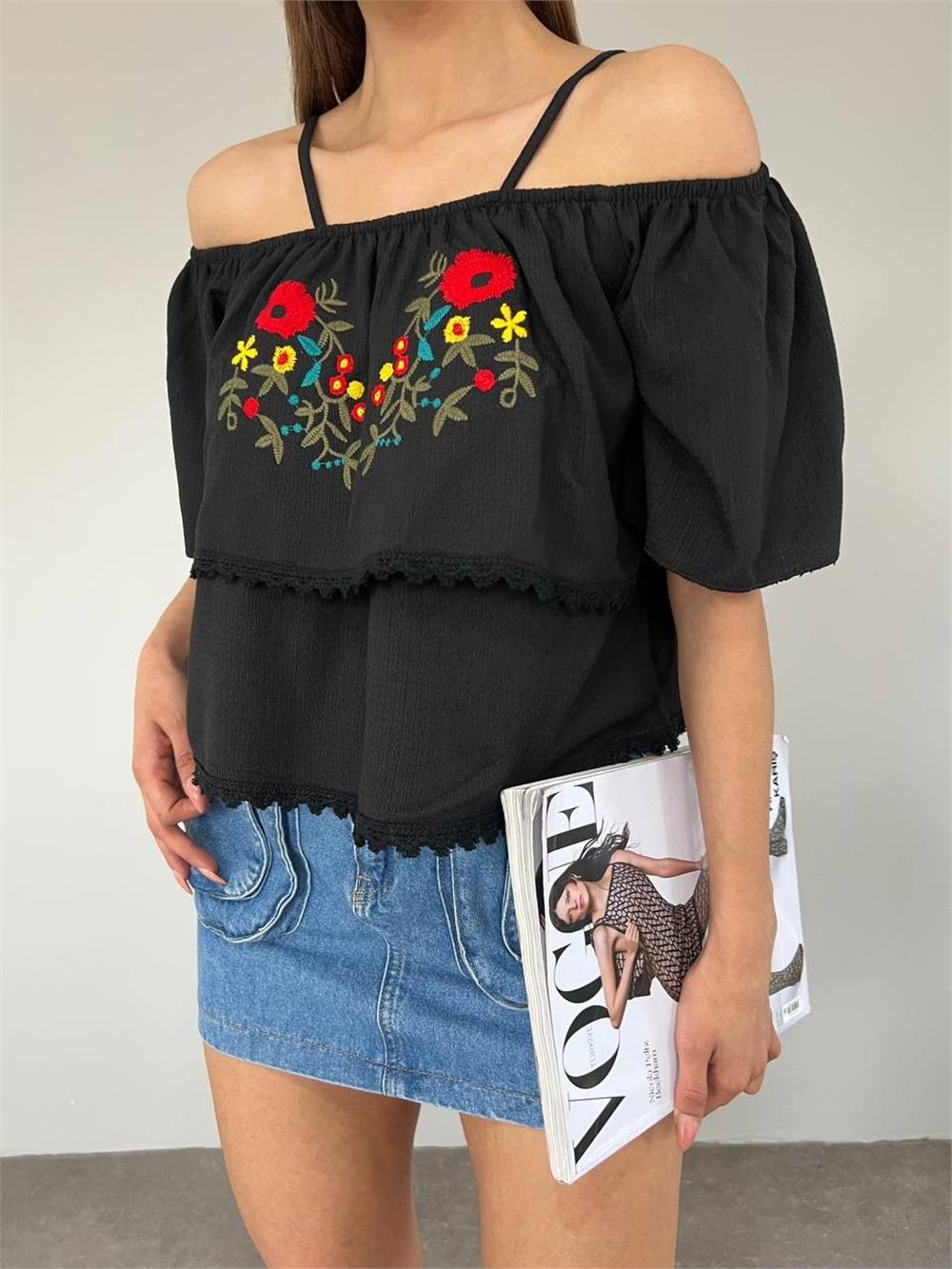 Rose Embroidered Laced String Strap T-Shirt -Black-358-10363-R01