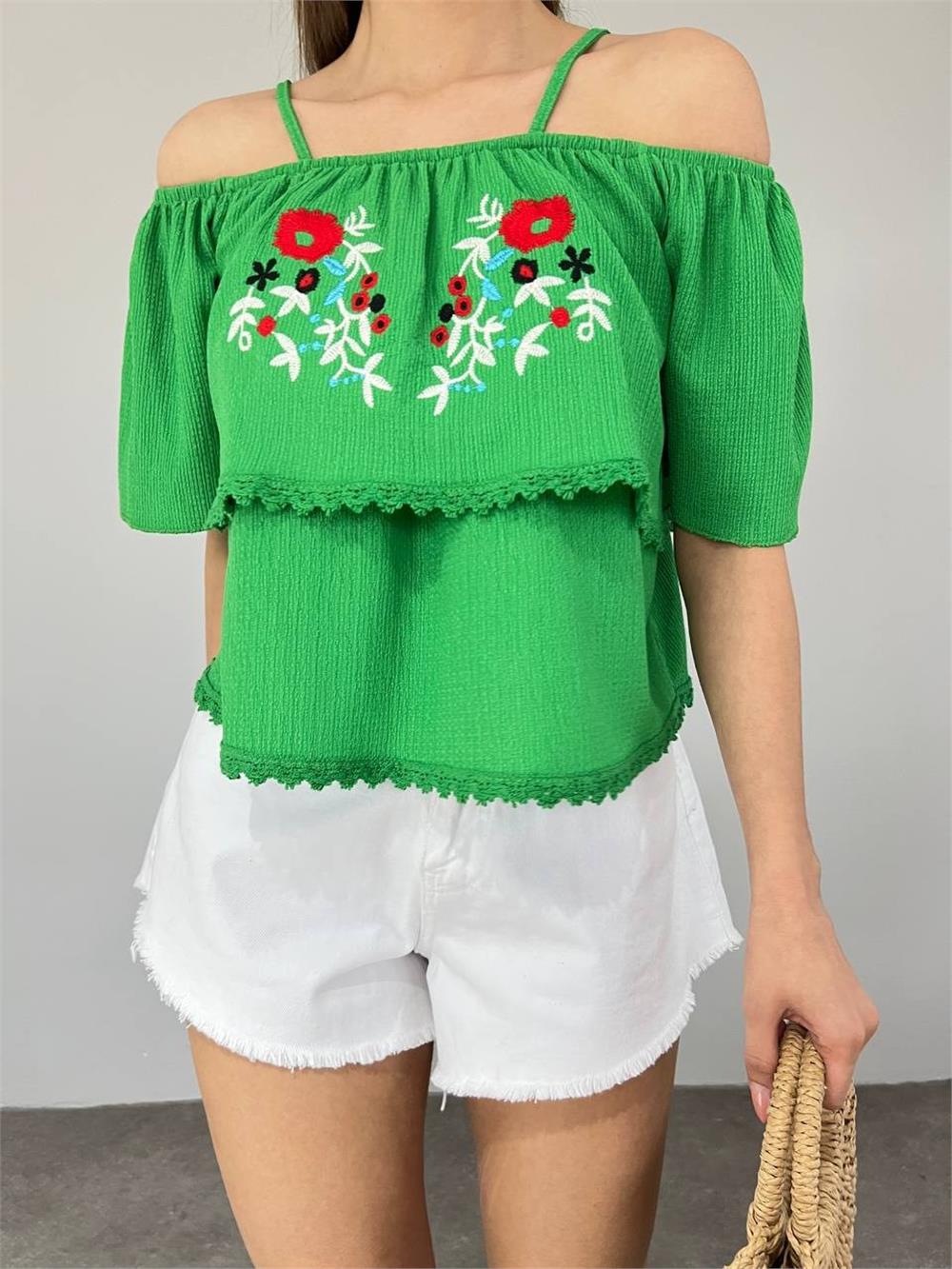 Rose Embroidered Laced String Strap T-Shirt - Green-358-10363-R35