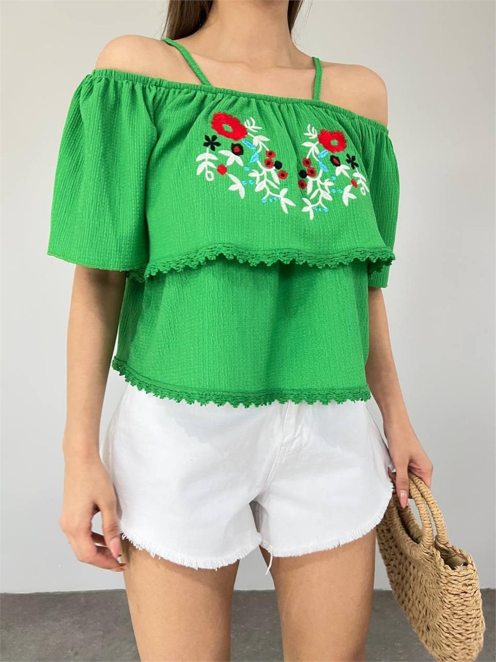 Rose Embroidered Laced String Strap T-Shirt - Green-358-10363-R35