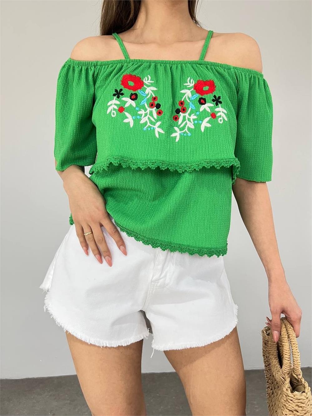 Rose Embroidered Laced String Strap T-Shirt - Green-358-10363-R35