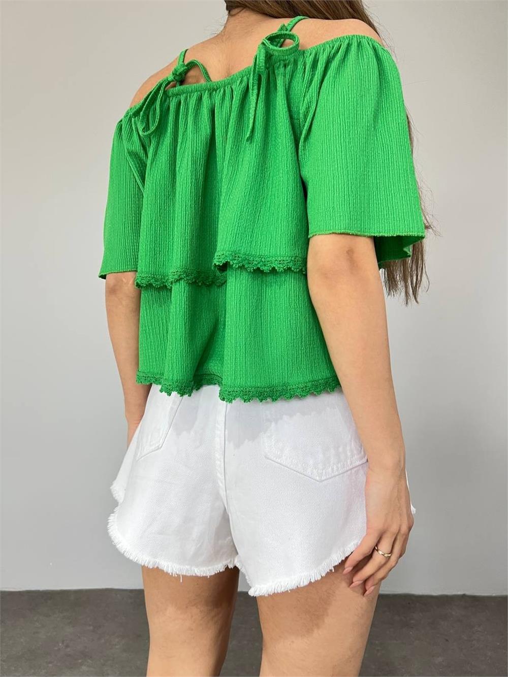 Rose Embroidered Laced String Strap T-Shirt - Green-358-10363-R35