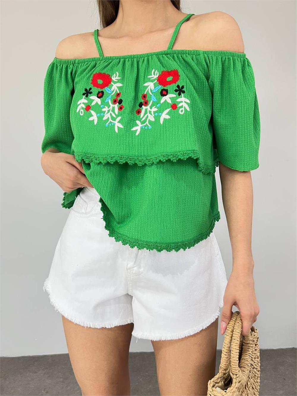 Rose Embroidered Laced String Strap T-Shirt - Green-358-10363-R35