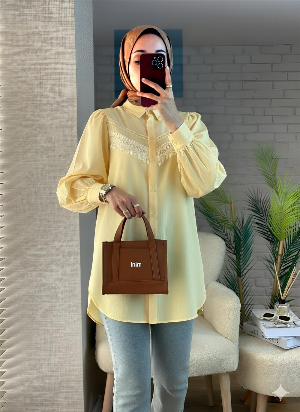 Güpür Püsküllü Ham Keten Balon Kol Gömlek     -Açık Sarı-307-2109-R75