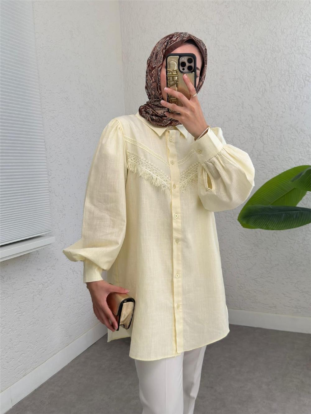 Güpür Püsküllü Ham Keten Balon Kol Gömlek     -Açık Sarı-307-2109-R75