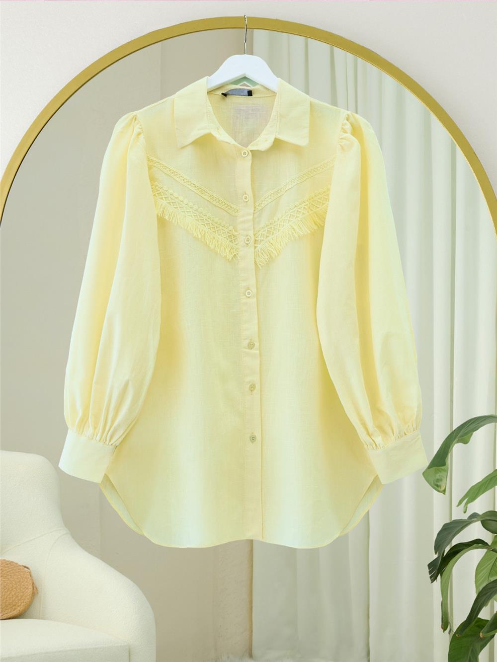 Güpür Püsküllü Ham Keten Balon Kol Gömlek     -Açık Sarı-307-2109-R75