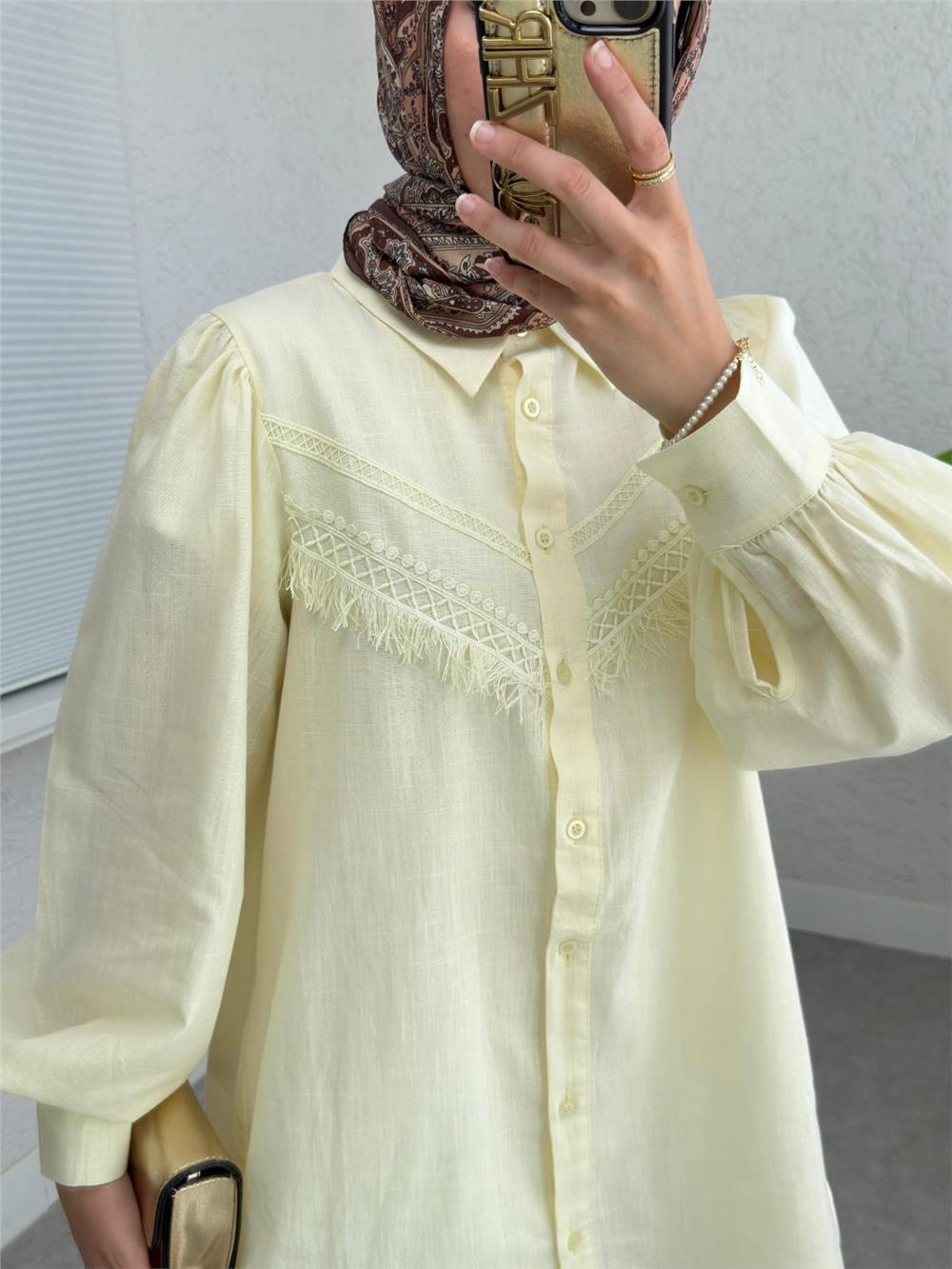Güpür Püsküllü Ham Keten Balon Kol Gömlek     -Açık Sarı-307-2109-R75