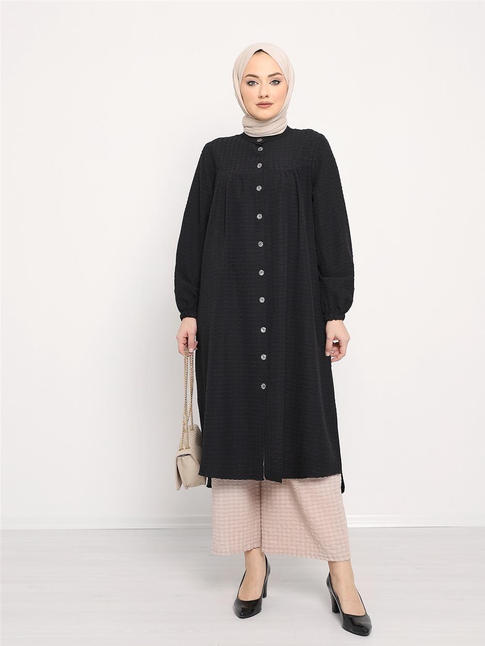 Magnificent Collar Buttoned Wrap Tunic -Black-186-564-R01