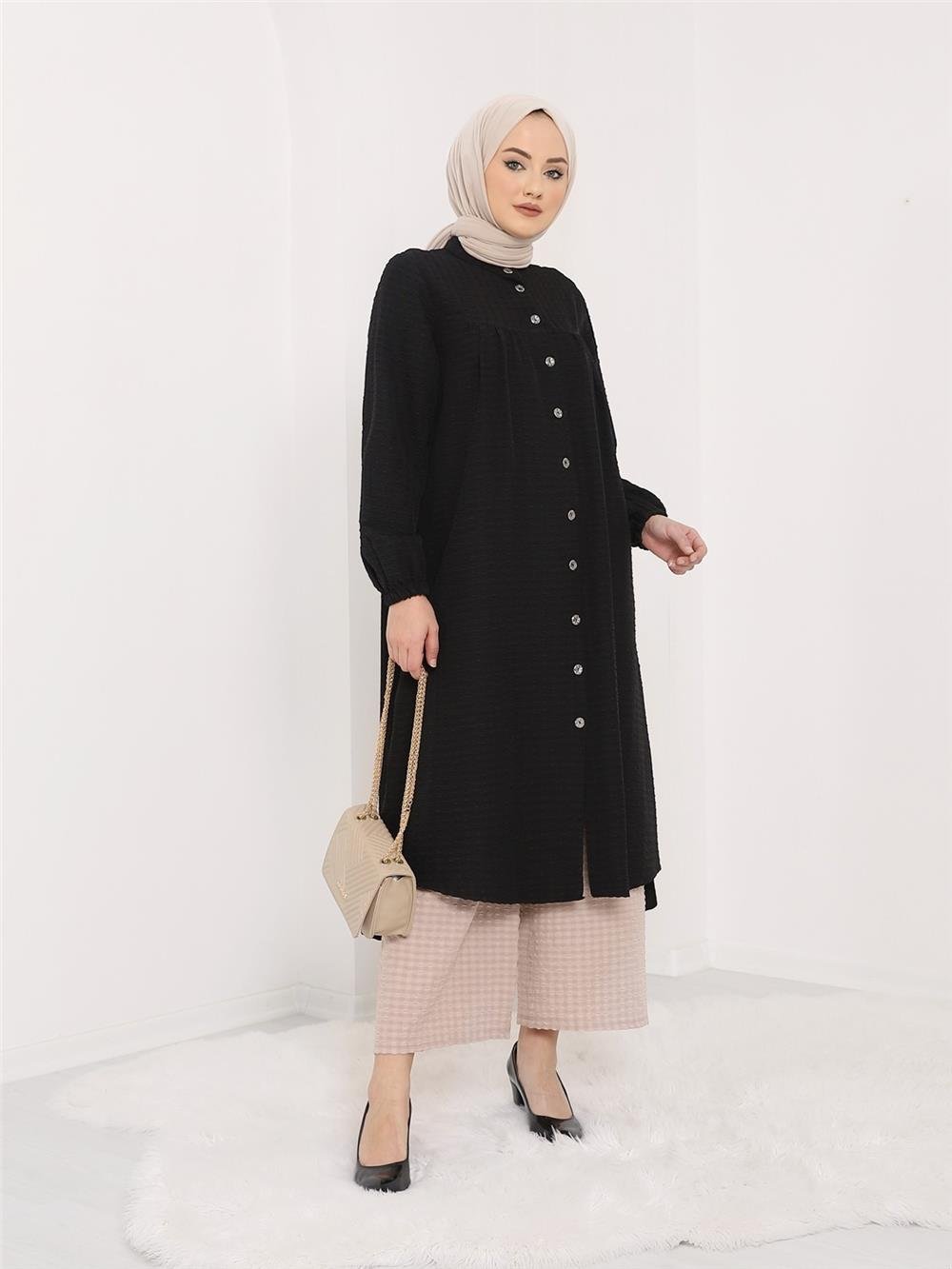 Magnificent Collar Buttoned Wrap Tunic -Black-186-564-R01