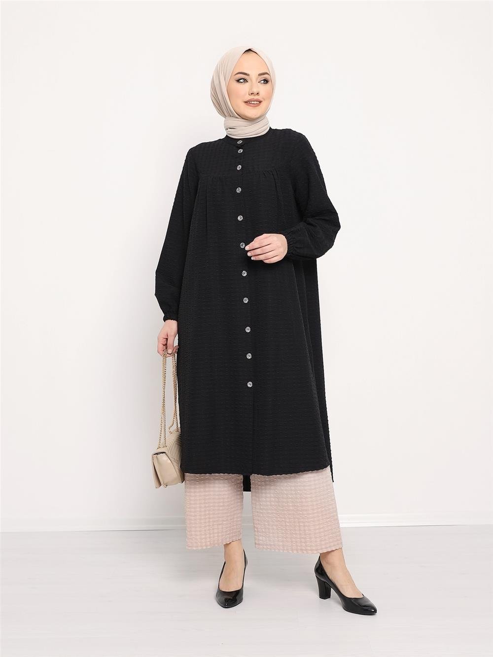 Magnificent Collar Buttoned Wrap Tunic -Black-186-564-R01