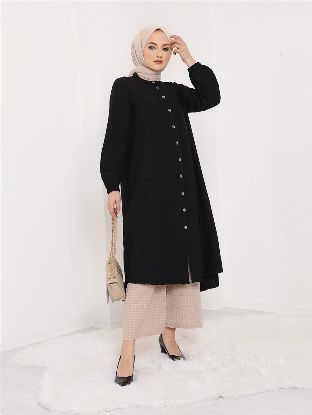 Magnificent Collar Buttoned Wrap Tunic -Black-186-564-R01