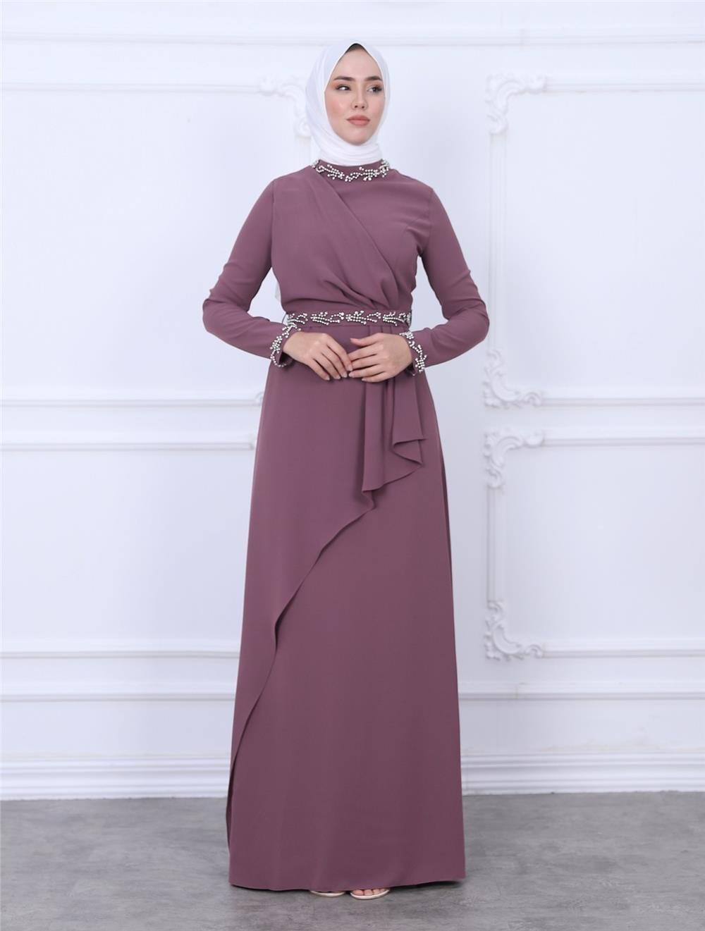 Bead Detailed Evening Dress with Judge Collar Belt and Sleeves -Cherry Color-311-4232-R44