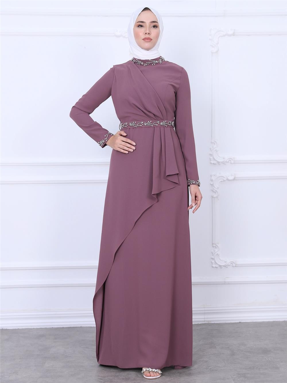 Bead Detailed Evening Dress with Judge Collar Belt and Sleeves -Cherry Color-311-4232-R44
