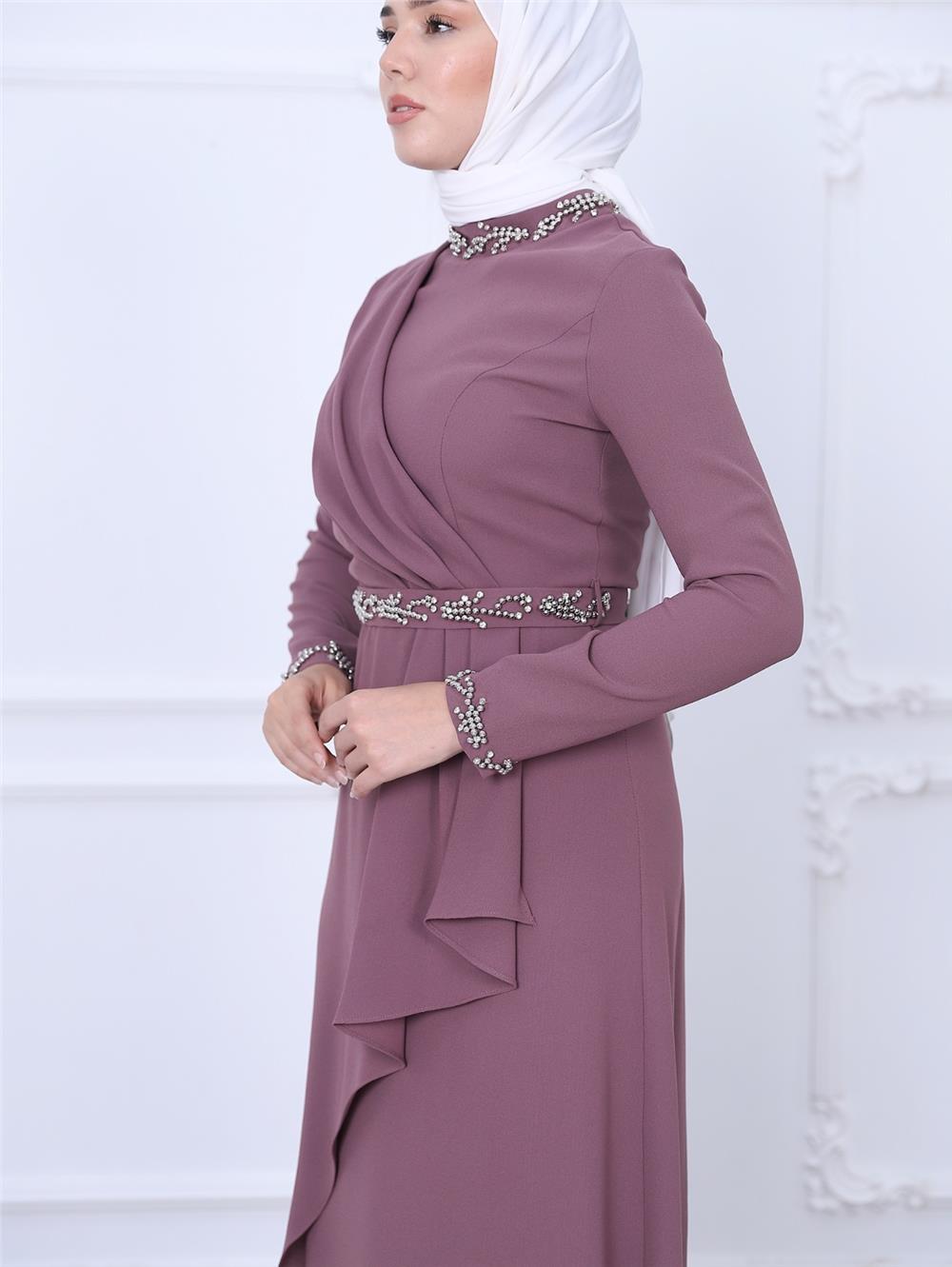 Bead Detailed Evening Dress with Judge Collar Belt and Sleeves -Cherry Color-311-4232-R44