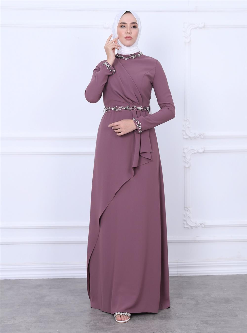 Bead Detailed Evening Dress with Judge Collar Belt and Sleeves -Cherry Color-311-4232-R44