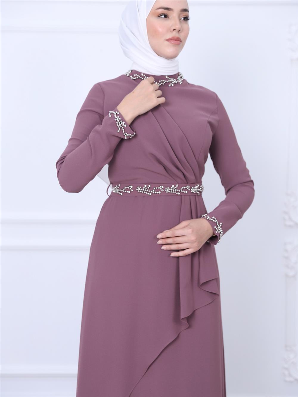 Bead Detailed Evening Dress with Judge Collar Belt and Sleeves -Cherry Color-311-4232-R44