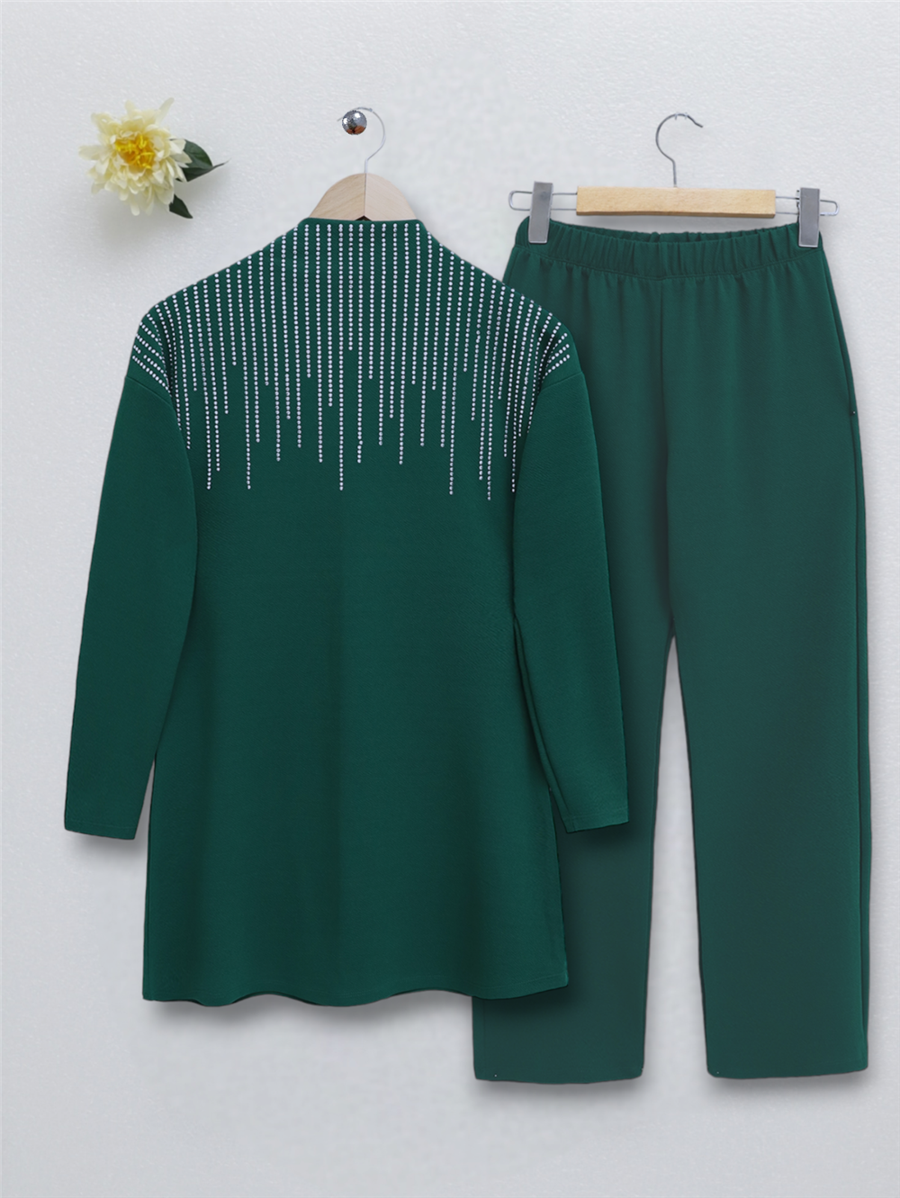 Judge Collar Front Stone Detailed Trousers Suit - Emerald-349-5019-R17