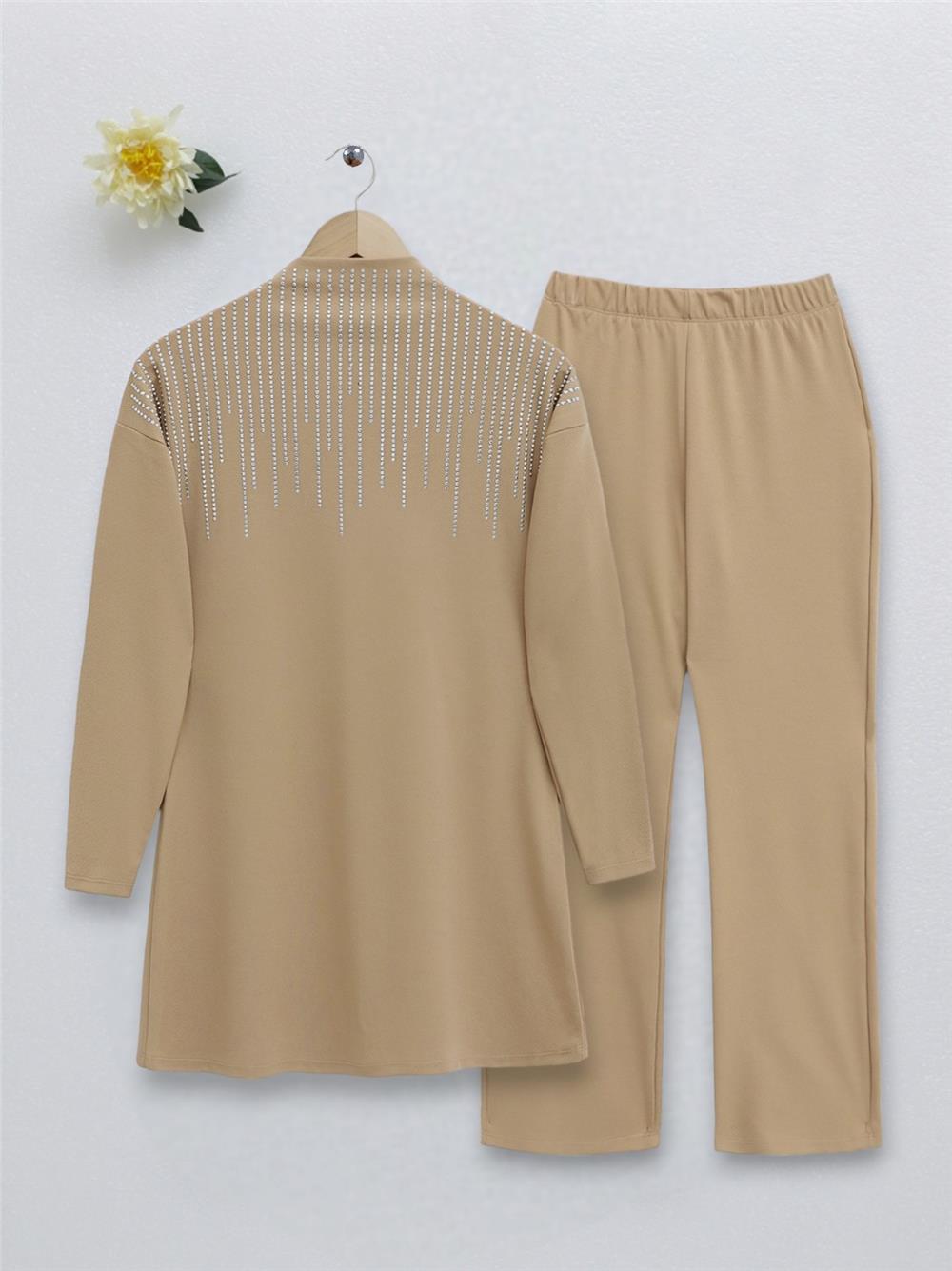 Judge Collar Front Stone Detailed Trousers Suit -Mink-349-5019-R23