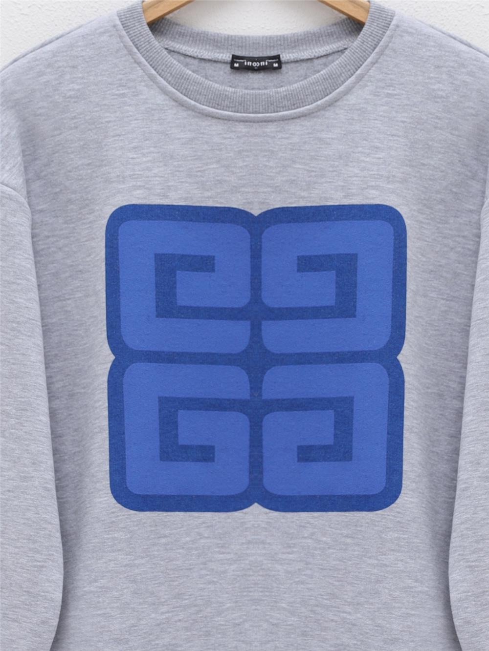 Harf Baskılı Bisiklet Yaka Şardonlu Sweat -Gri-357-3052-R11