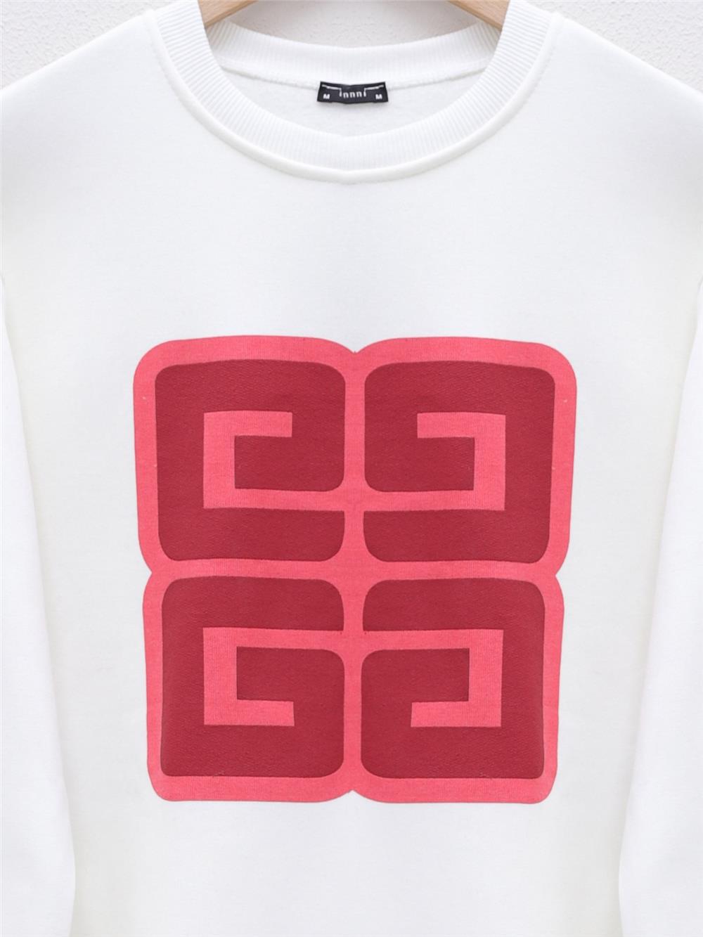 Harf Baskılı Bisiklet Yaka Şardonlu Sweat -Beyaz-357-3052-R02