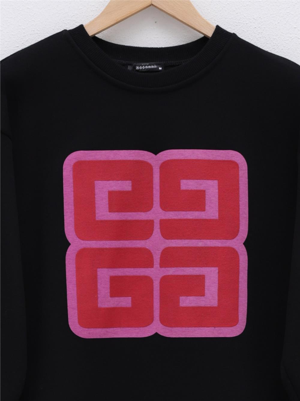 Harf Baskılı Bisiklet Yaka Şardonlu Sweat -Siyah-357-3052-R01