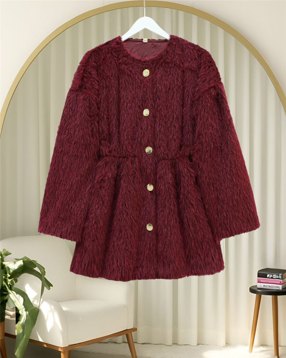 İçi Astarlı Beli Büzgülü Kürklü Ceket -Bordo-398-99009-R04