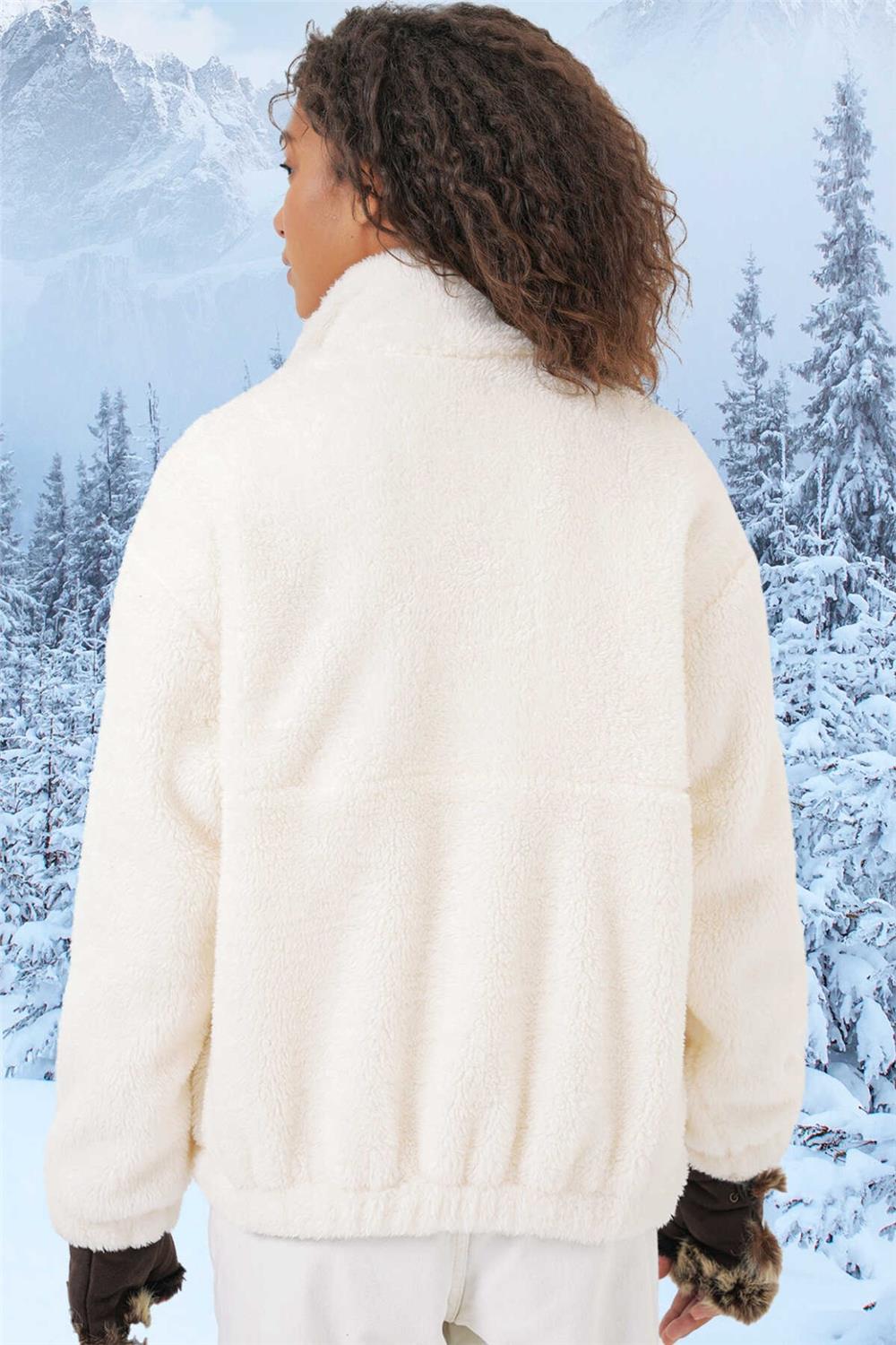 İçi Astarlı Cepli Önü Fermuarlı Peluş Mont -Ekru-138-5194-R07