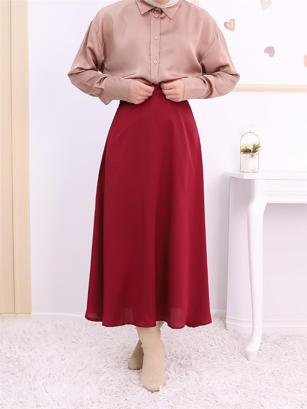 Lined Satin Flared Skirt -Maroon-123-3038S-R04