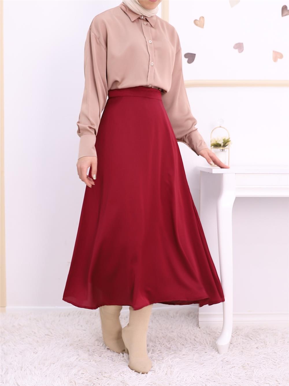 Lined Satin Flared Skirt -Maroon-123-3038S-R04