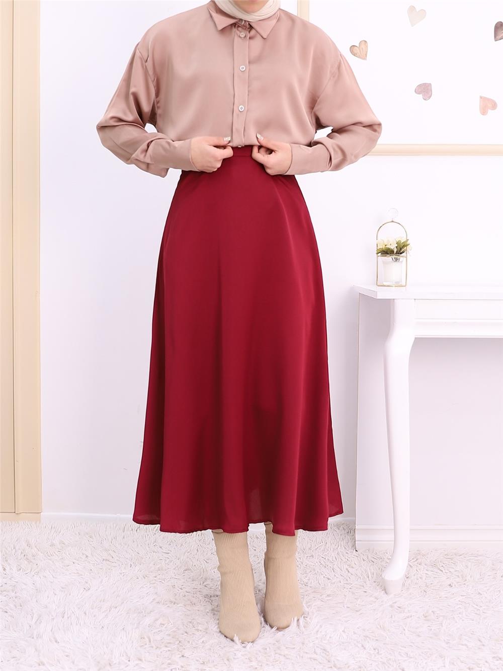 Lined Satin Flared Skirt -Maroon-123-3038S-R04