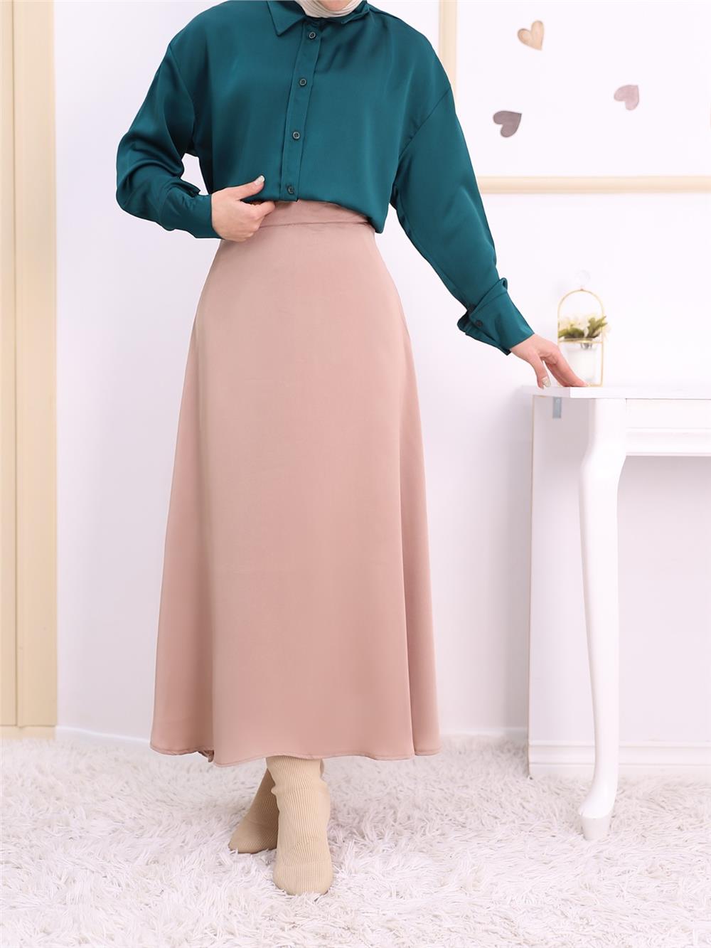 Lined Satin Flared Skirt -Mink Color-123-3038S-R23