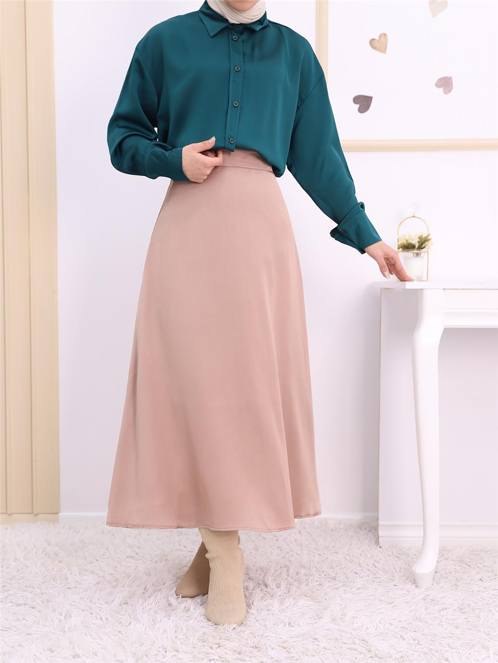 Lined Satin Flared Skirt -Mink Color-123-3038S-R23