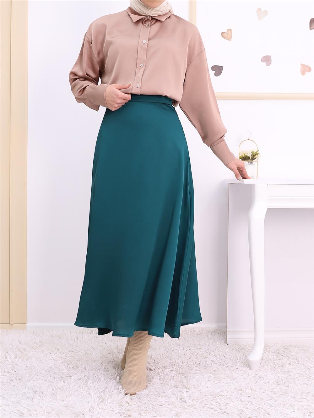 تنورة واسعة من الساتان مبطنة - زمرد-123-3038S-R17