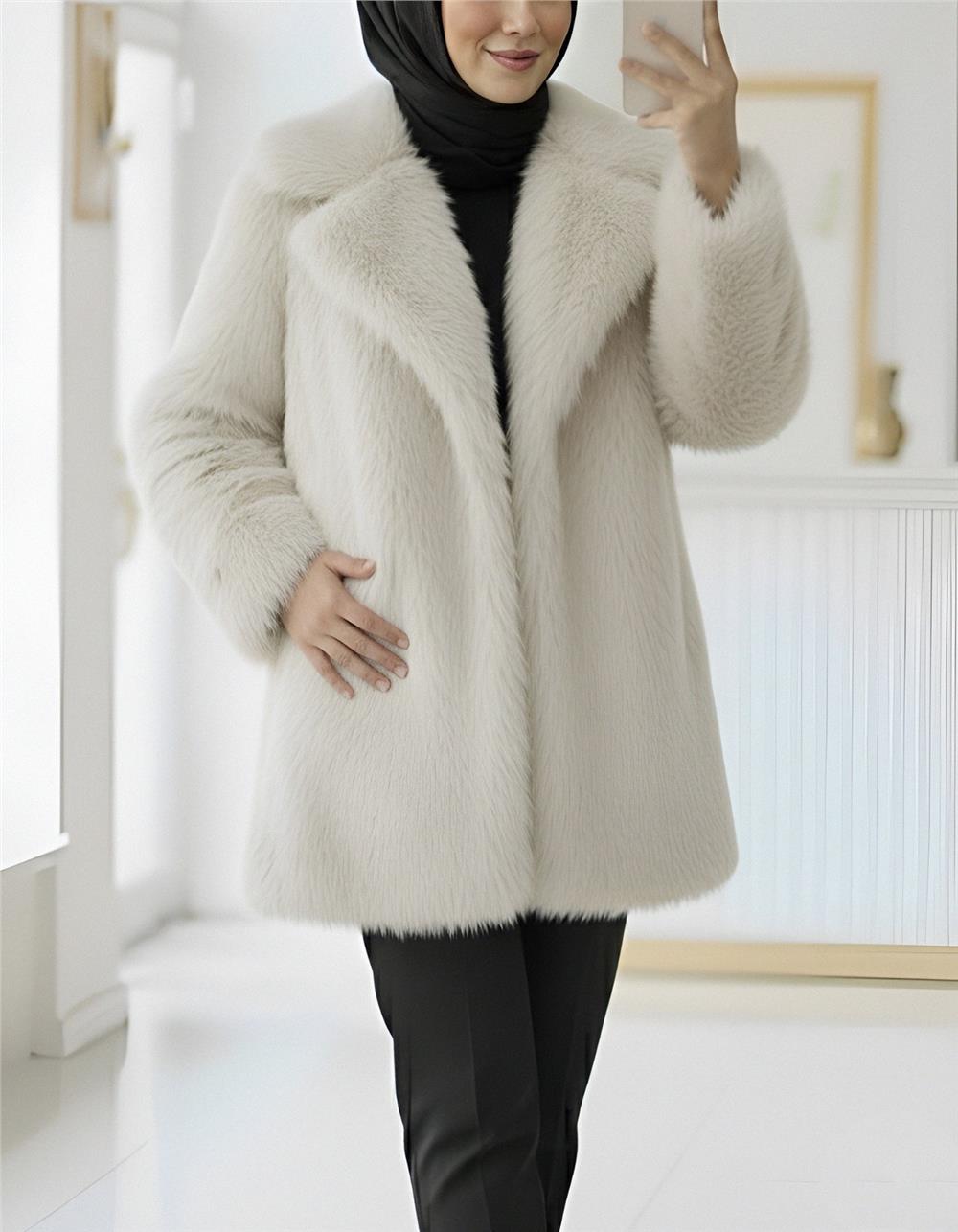 İçi Astarlı Tek Düğmeli Kürklü Ceket  -Taş-348-2461-R43
