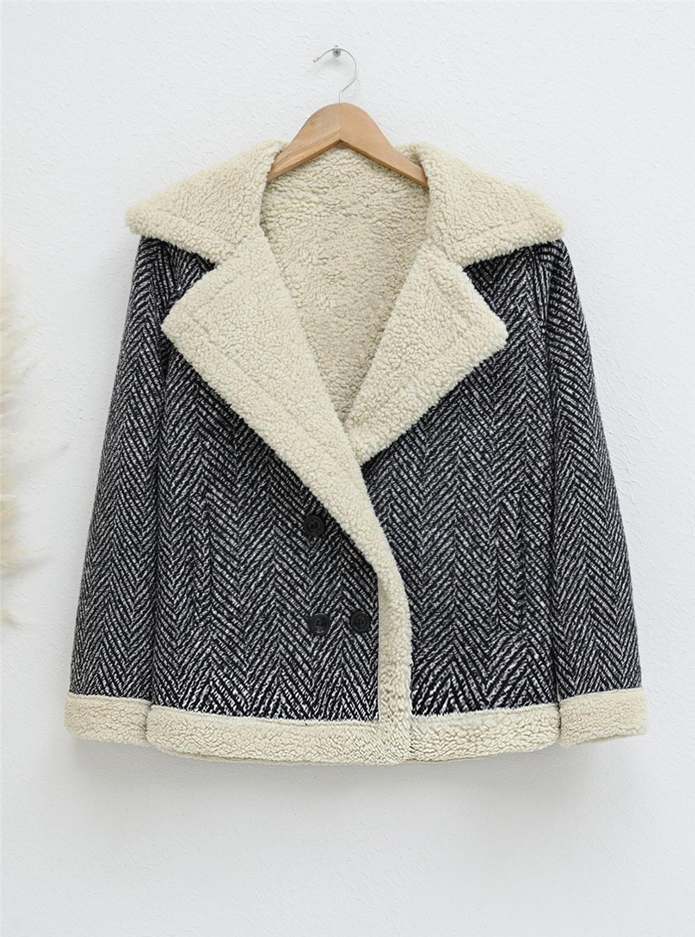 Fur Lined Buttoned Coat -Black-358-3315-R01