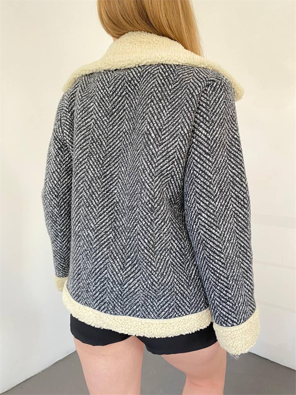 Fur Lined Buttoned Coat -Black-358-3315-R01
