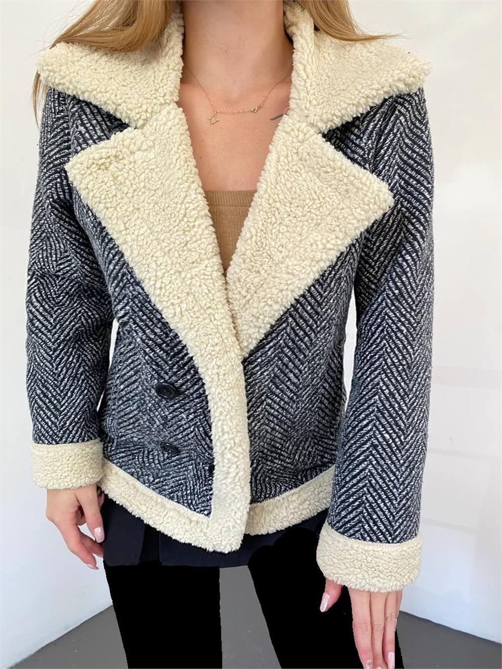 Fur Lined Buttoned Coat -Black-358-3315-R01