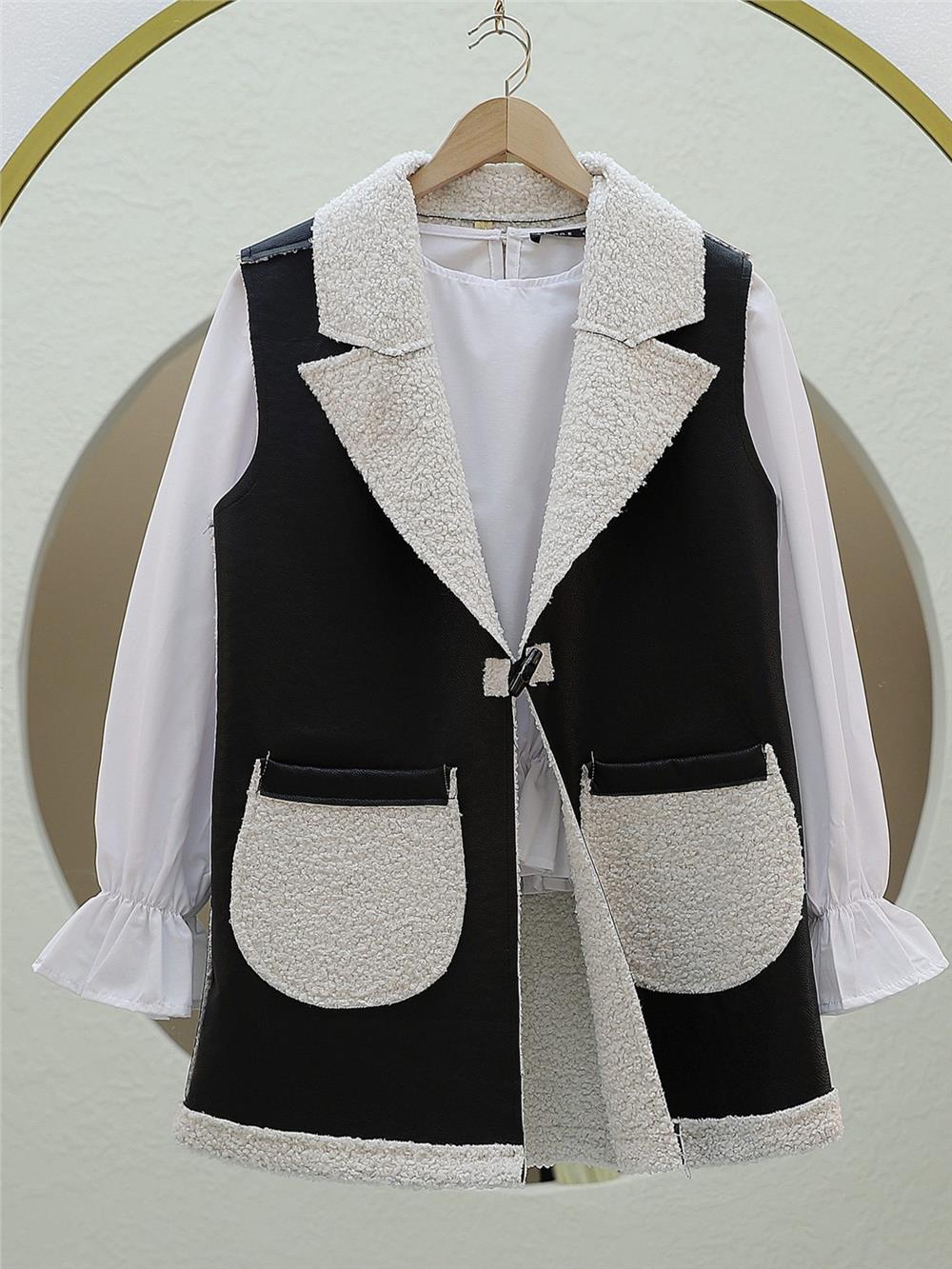 İçi Kuzu Peluş Çift Cepli Yelek -Beyaz-398-9023-R02