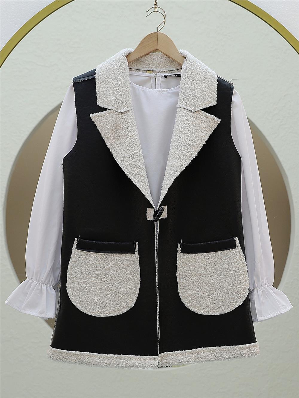 İçi Kuzu Peluş Çift Cepli Yelek -Beyaz-398-9023-R02
