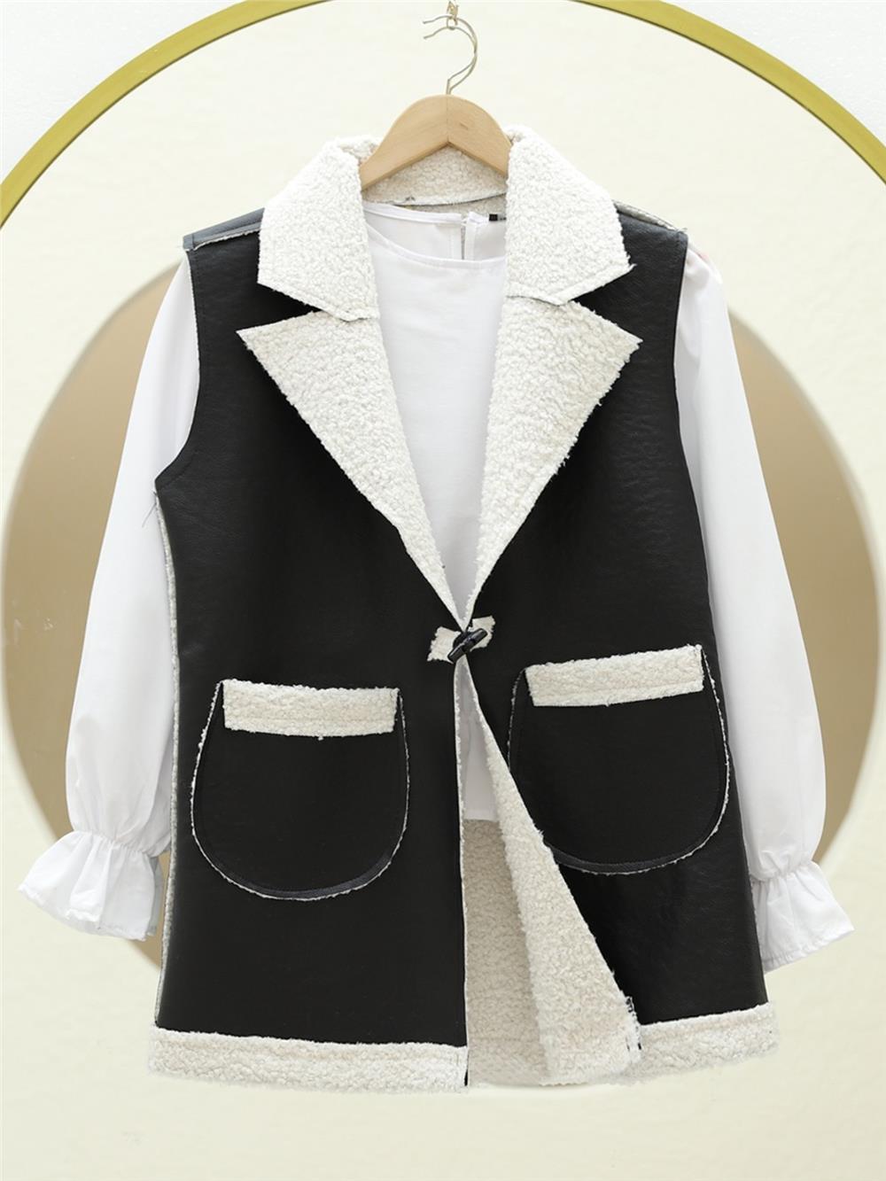 İçi Kuzu Peluş Çift Cepli Yelek   -Ekru-398-9023-R07