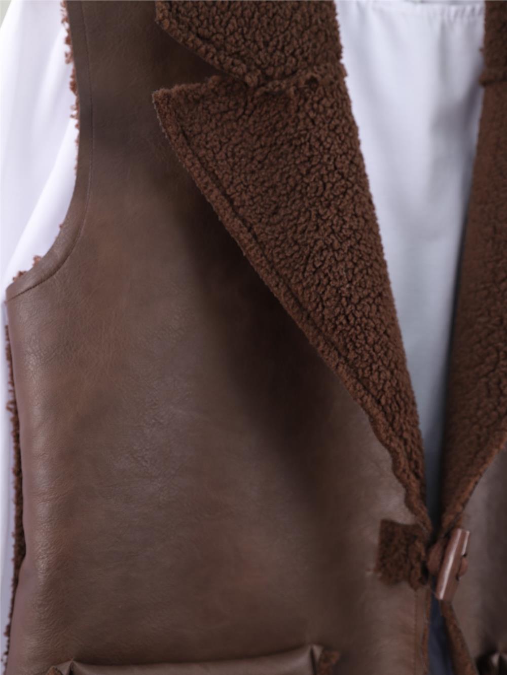 İçi Kuzu Peluş Çift Cepli Yelek -Kahve-398-9023-R15