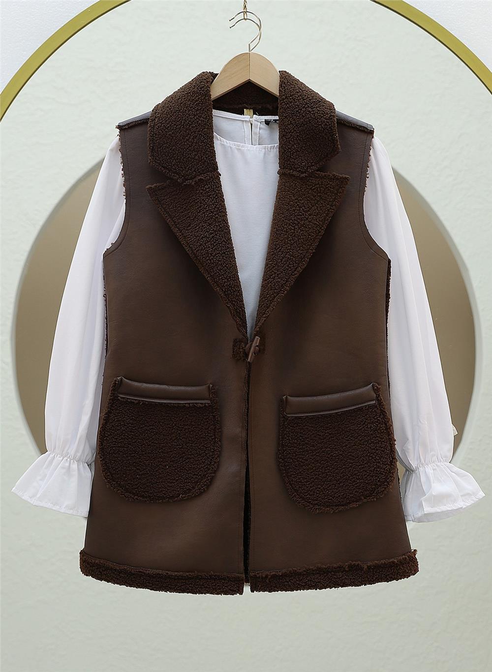 İçi Kuzu Peluş Çift Cepli Yelek -Kahve-398-9023-R15