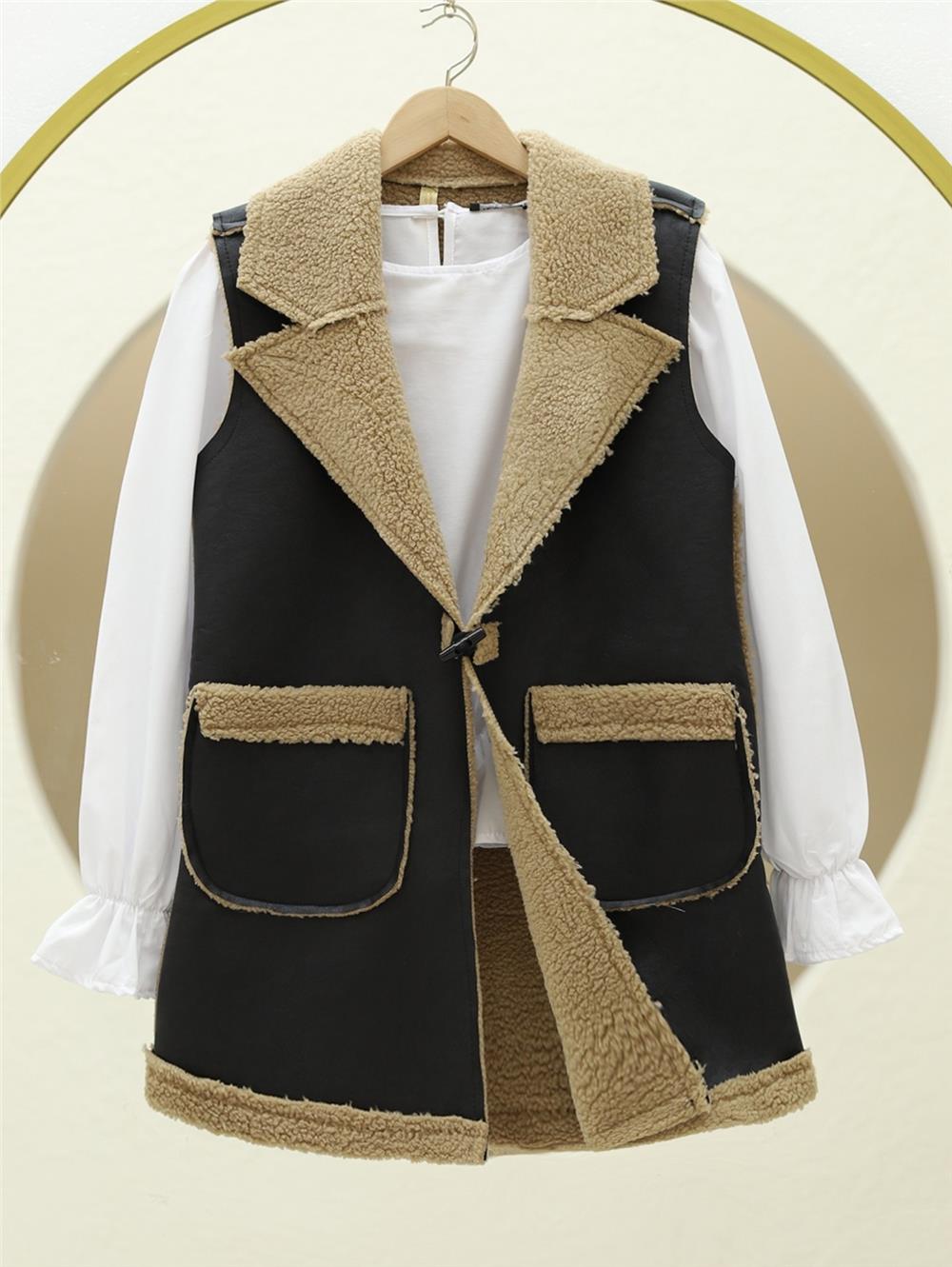 İçi Kuzu Peluş Çift Cepli Yelek  -Vizon-398-9023-R23