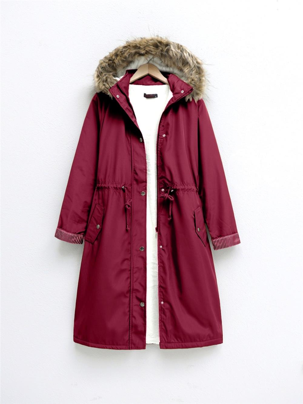 Bondig Coat with Plush Inside and Hoodie - Claret Red-148-2161-R04