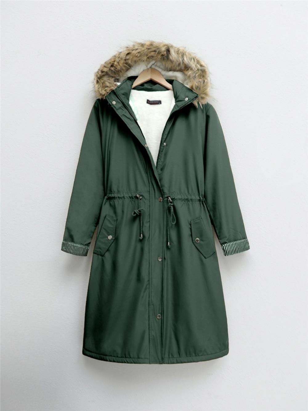 Bondig Coat with Plush Lining and Hoodie - Khaki-148-2161-R05