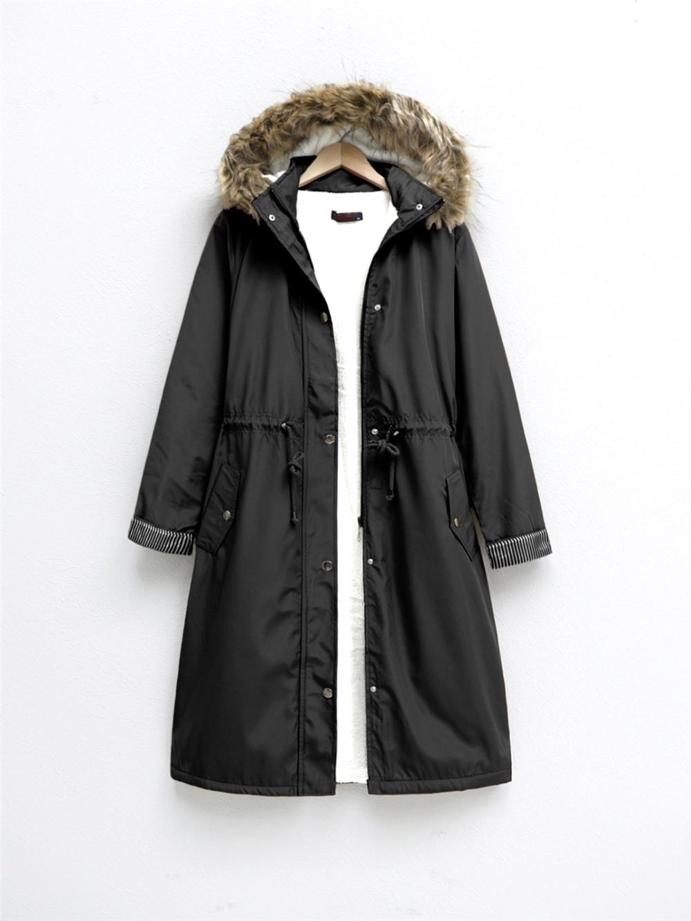 Bondig Coat with Plush Lining and Hoodie - Black-148-2161-R01