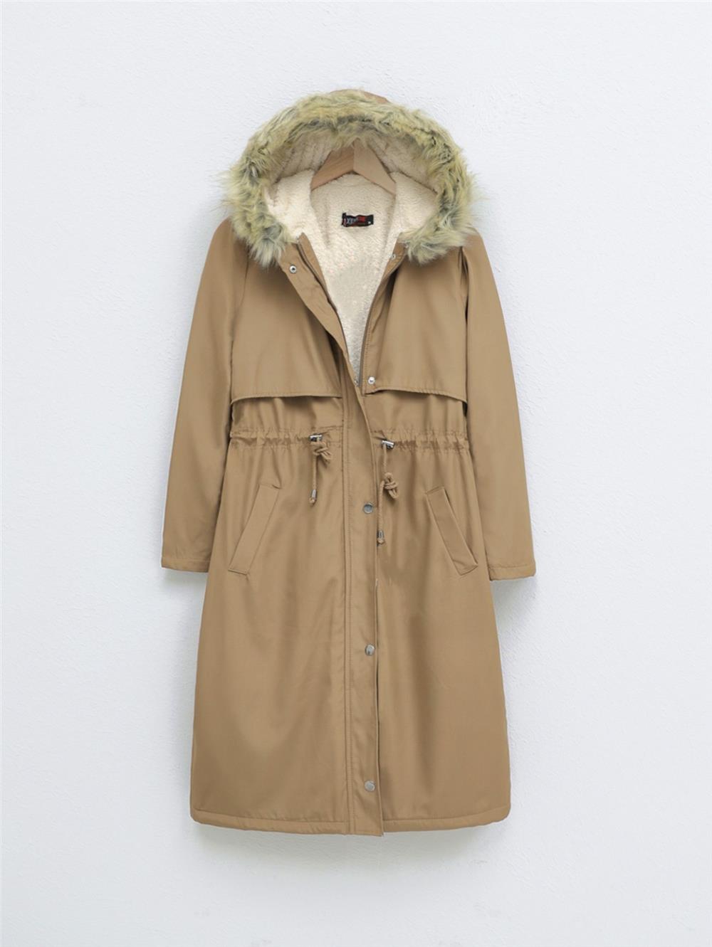 Long Coat with Plush Inside, Fixed Hoodie and Tunnel Lace -Mink Color-148-2357-R23